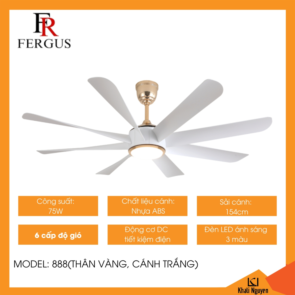 Quạt trần đèn led Fergus 888 thân vàng cánh trắng