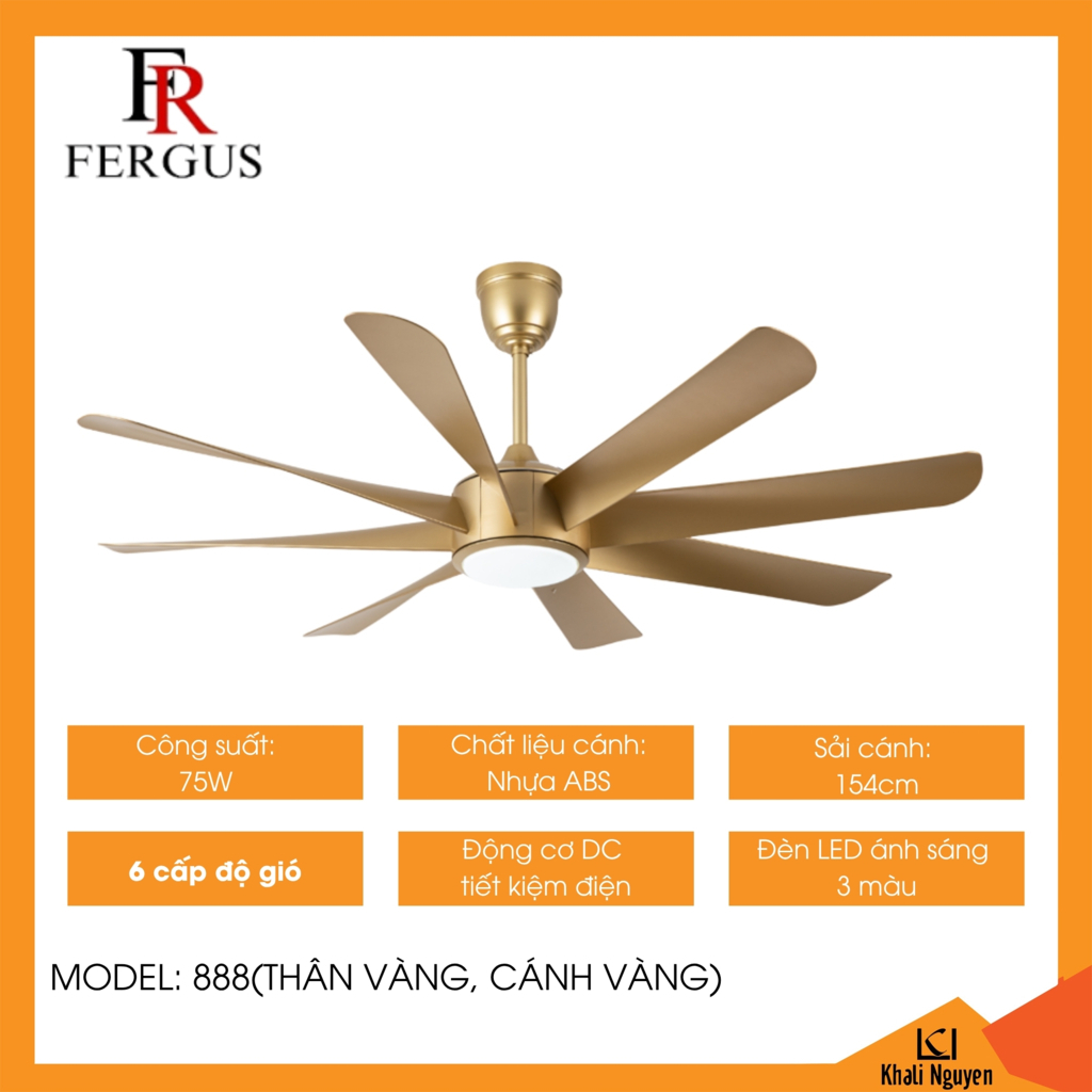 Quạt trần đèn led Fergus 888 thân vàng cánh vàng
