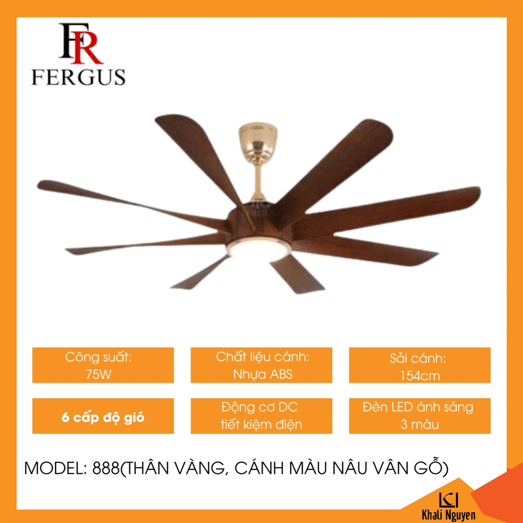Quạt trần đèn led Fergus 888 thân vàng-cánh vân gỗ nâu