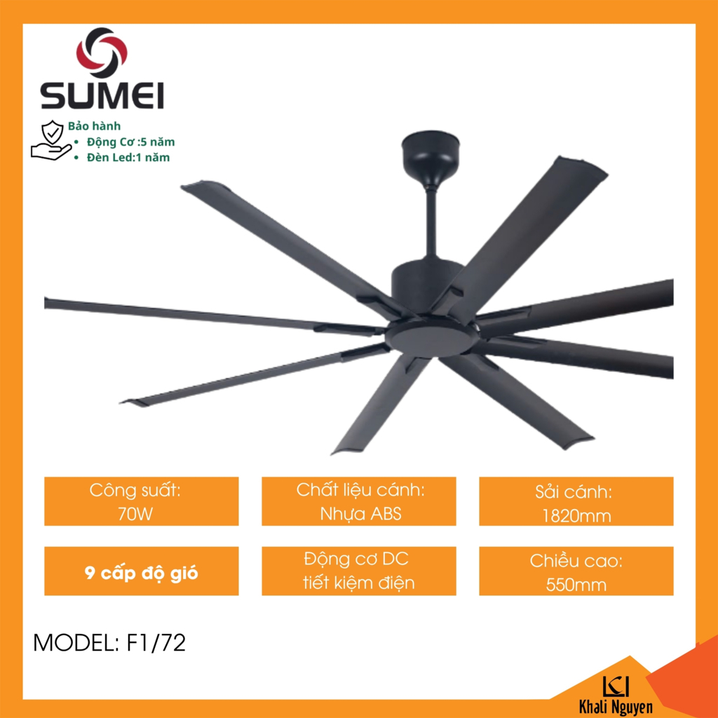 Quạt trần 8 cánh DCT SUMEI F1/72 | Chiều cao:550mm | 70W | Sải cánh 1820mm
