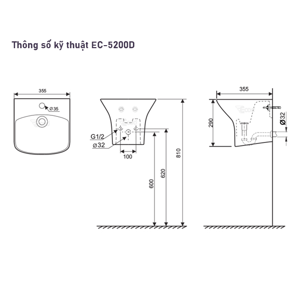 Chậu treo tường liền chân ECOD EC5200D | Có thoát tràn | Kiểu vuông gọn