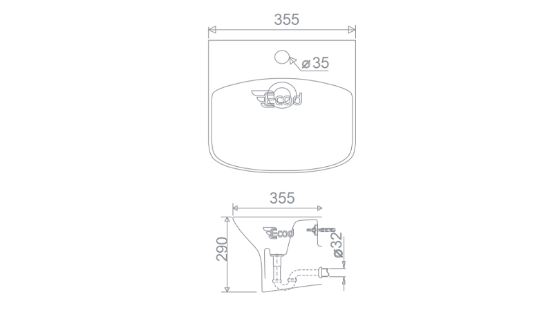 Chậu treo tường liền chân ECOD EC5200D | Có thoát tràn | Kiểu vuông gọn