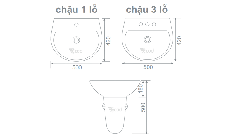 Chậu treo tường chân lửng ECOD ECD124 | Có thoát tràn | Chậu 1 lỗ hoặc 3 lỗ