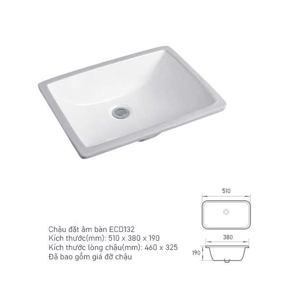 Chậu đặt âm bàn ECOD ECD132 | Có thoát tràn | Đã bao gồm giá đỡ chậu