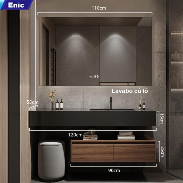 Bộ tủ chậu, tủ gương Enic LT-120, màu đen, lavabo có lỗ