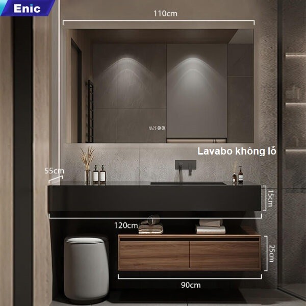 Bộ tủ chậu, tủ gương Enic LT-120, màu đen, lavabo không lỗ