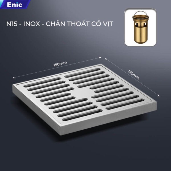 Thoát sàn 150x150 Enic N15-INOX, chân thoát cổ vịt