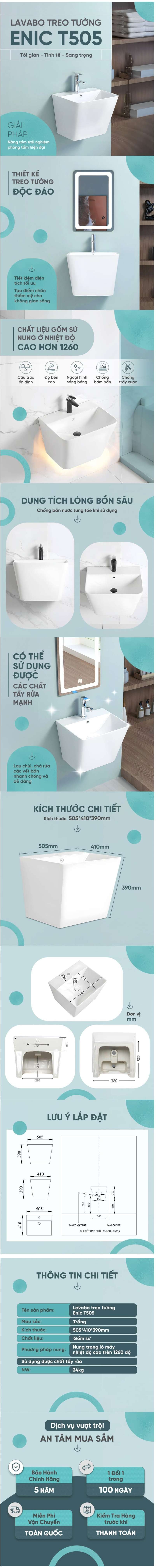 Thông tin lavabo treo tường Enic T505