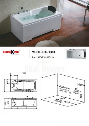 Sơ đồ kĩ thuật bồn tắm massage EU-1301