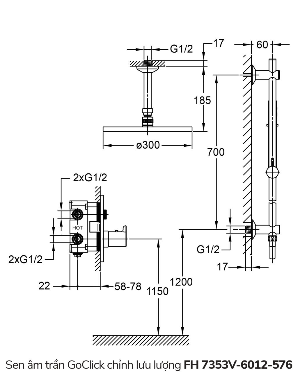 Bản vẽ sen tắm âm tường Flova FH 7353V-6012-576