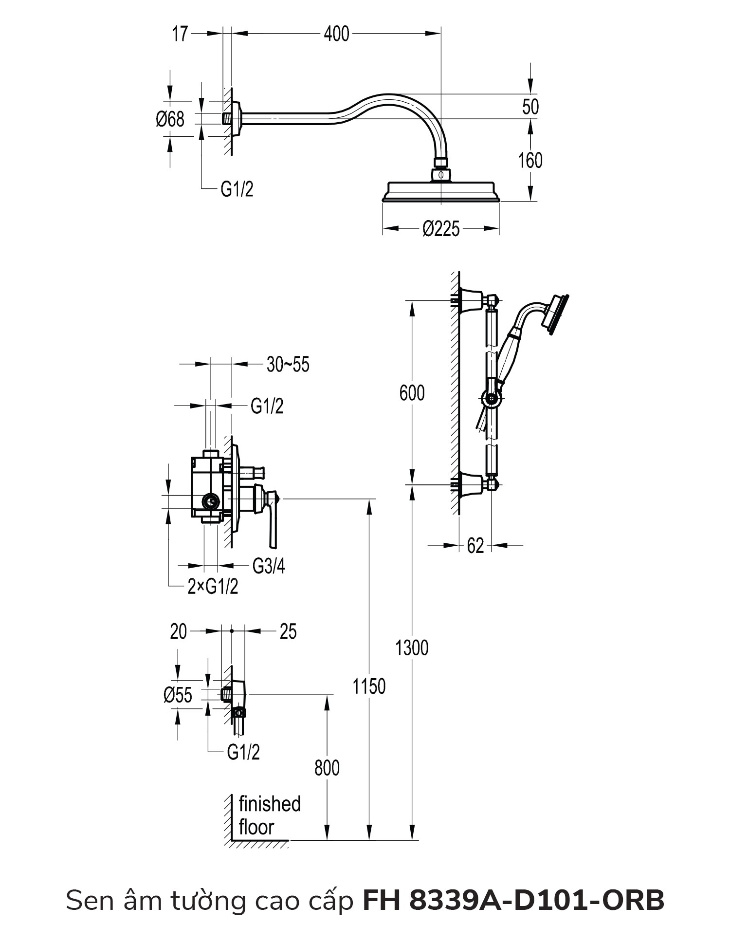 Bản vẽ sen tắm âm tường FH 8339A-D101-ORB