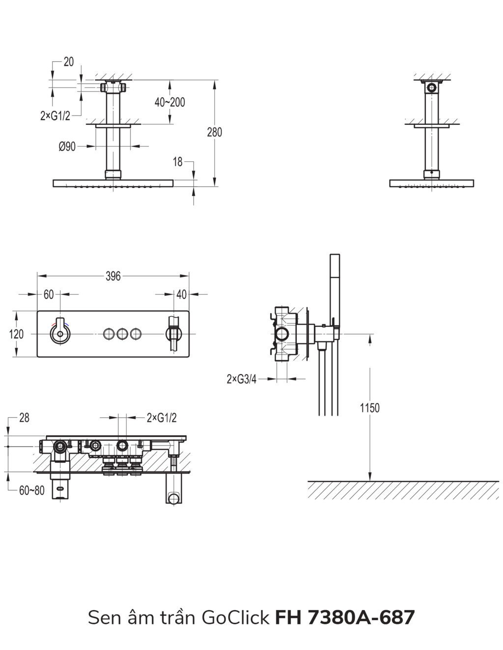 Bản vẽ sen tắm âm tường Flova FH 7380A-687