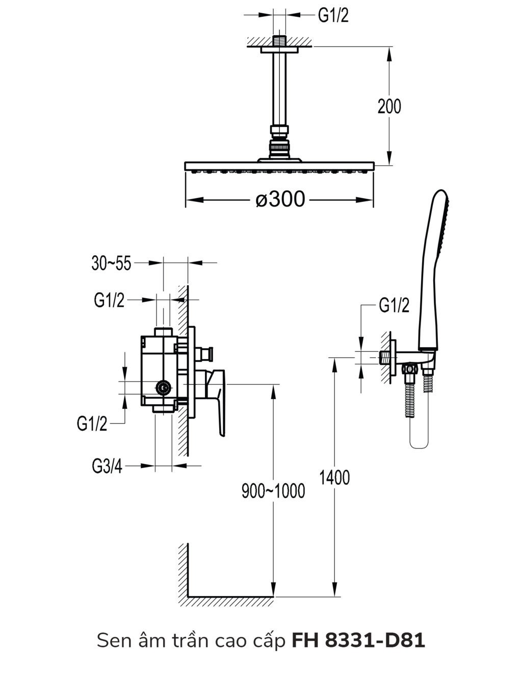 Bản vẽ sen tắm âm tường Flova FH 8331-D81