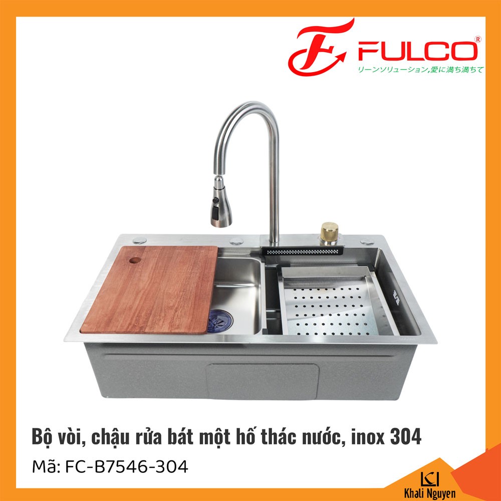 Bộ vòi, chậu rửa bát Fulco FC-B7546-304 một hố | Inox 304 xước mờ | Vòi dây rút | 750x460x220mm