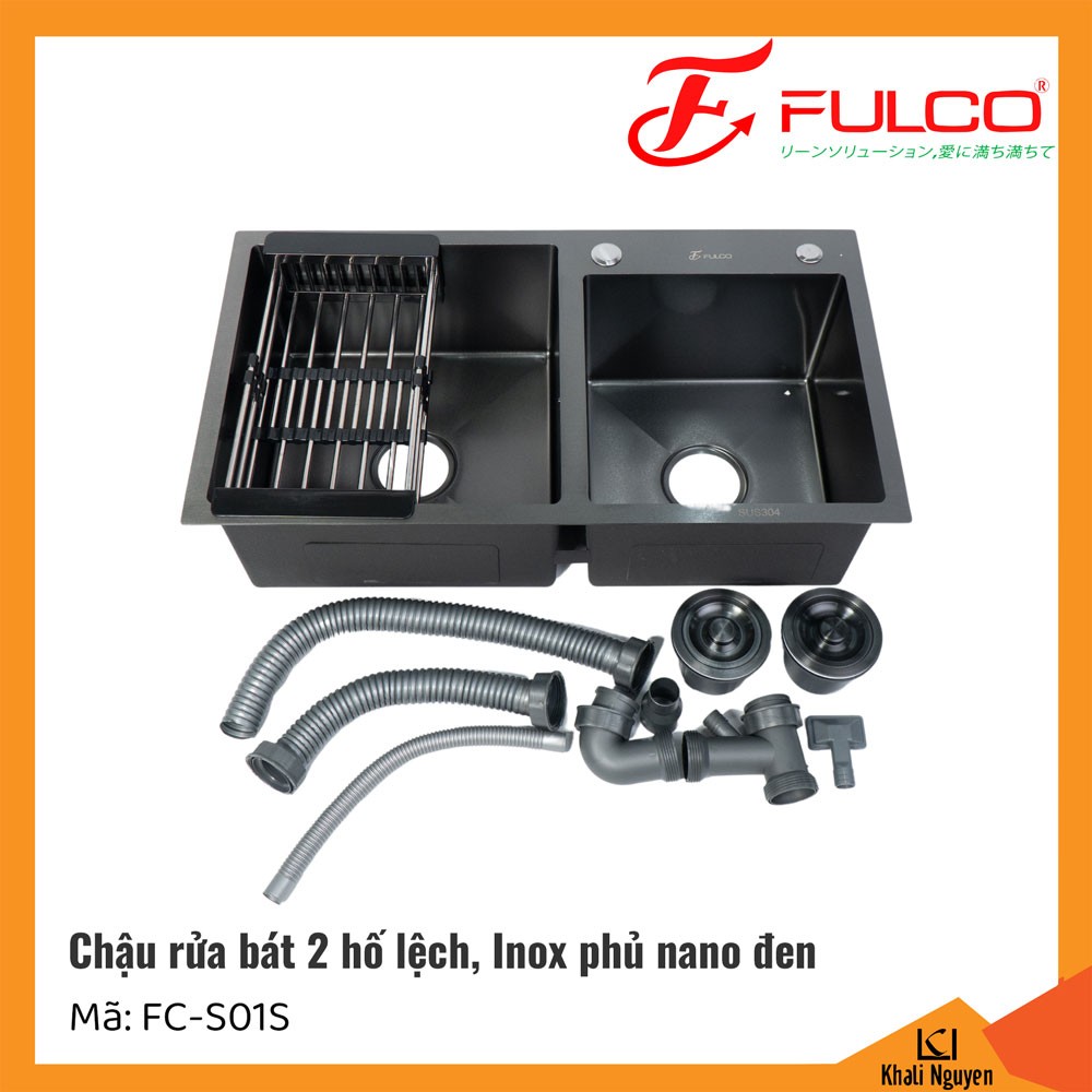 Chậu rửa bát Fulco FC-S01S hai hố lệch | Inox phủ nano đen | 780x460x220mm