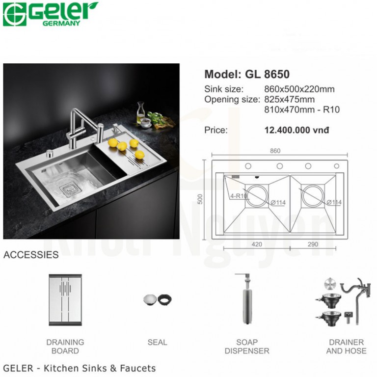 Bản vẽ kỹ thuật chậu rửa bát Inox Geler GL-8650