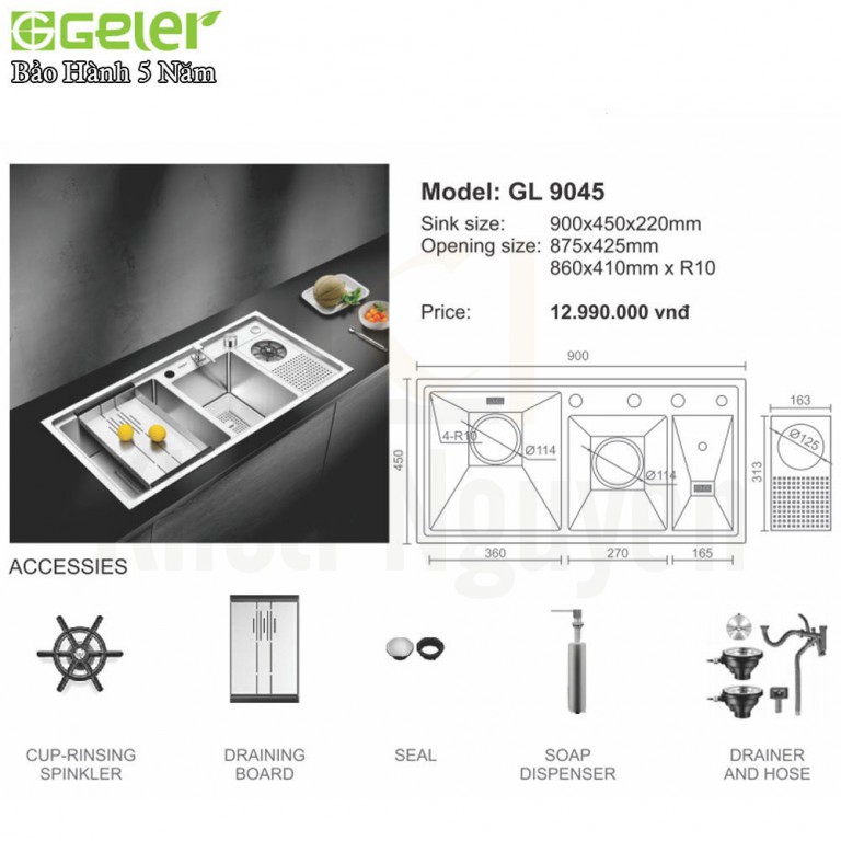 Bản vẽ kỹ thuật chậu rửa bát Inox Geler GL-9045