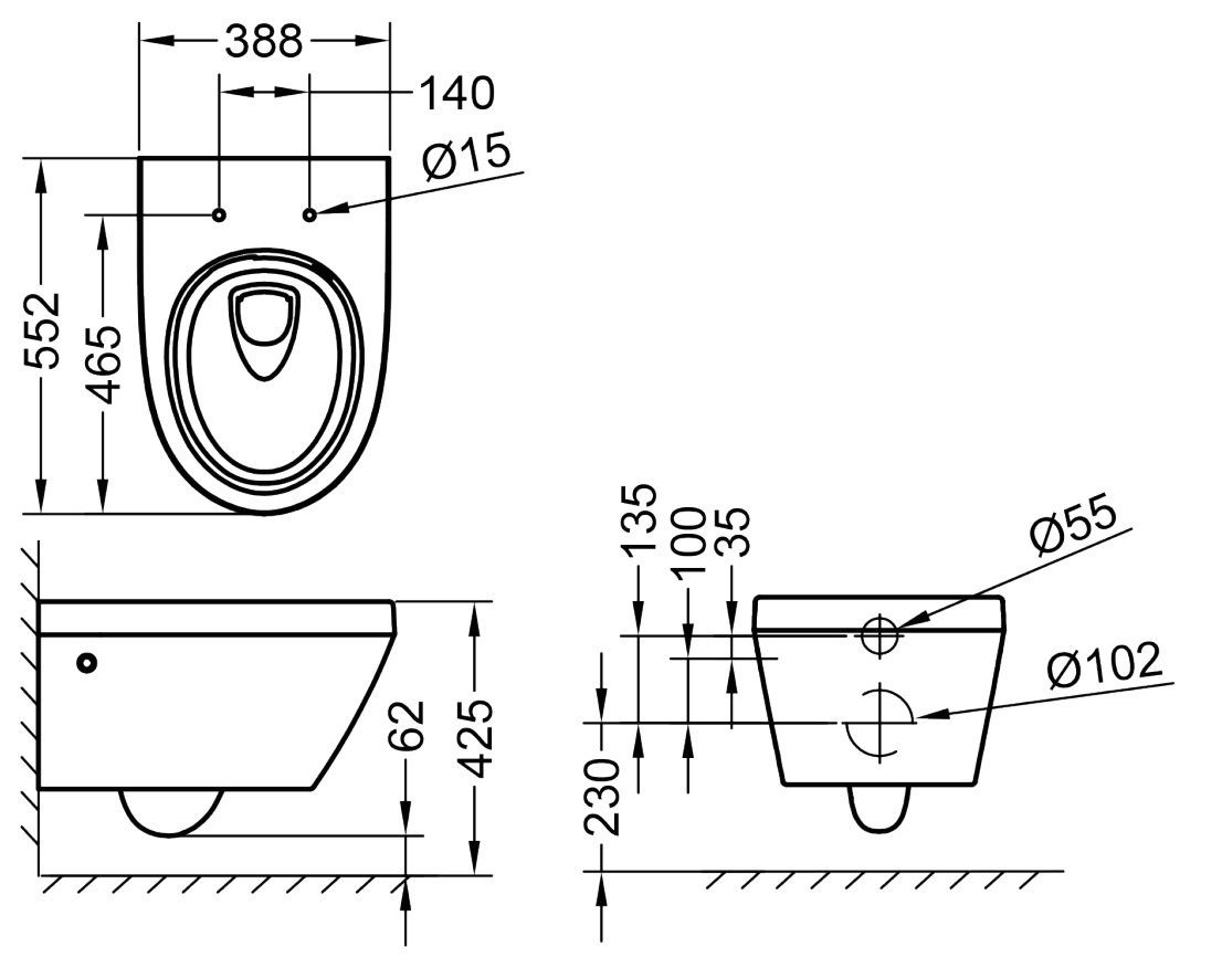 Bản vẽ bồn cầu treo tường EuroCeramic Grohe 100999SH00