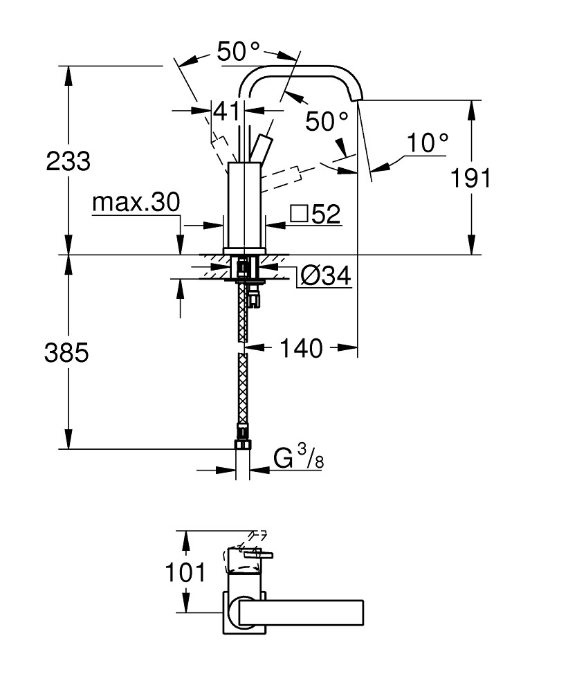 Bản Vẽ Vòi Chậu Grohe 1 Lỗ 23076000 Allure L-SIZE