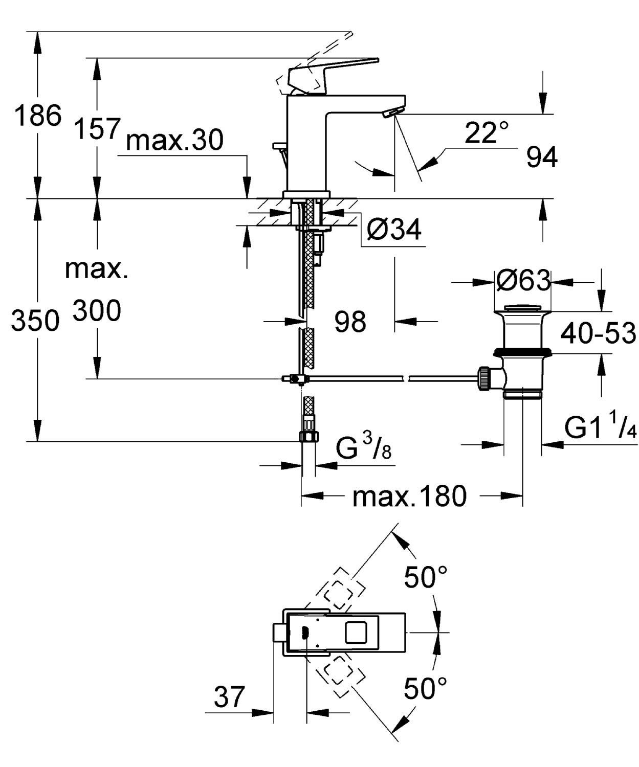 Bản Vẽ Vòi Chậu Grohe 1 Lỗ 23127000 Eurocube