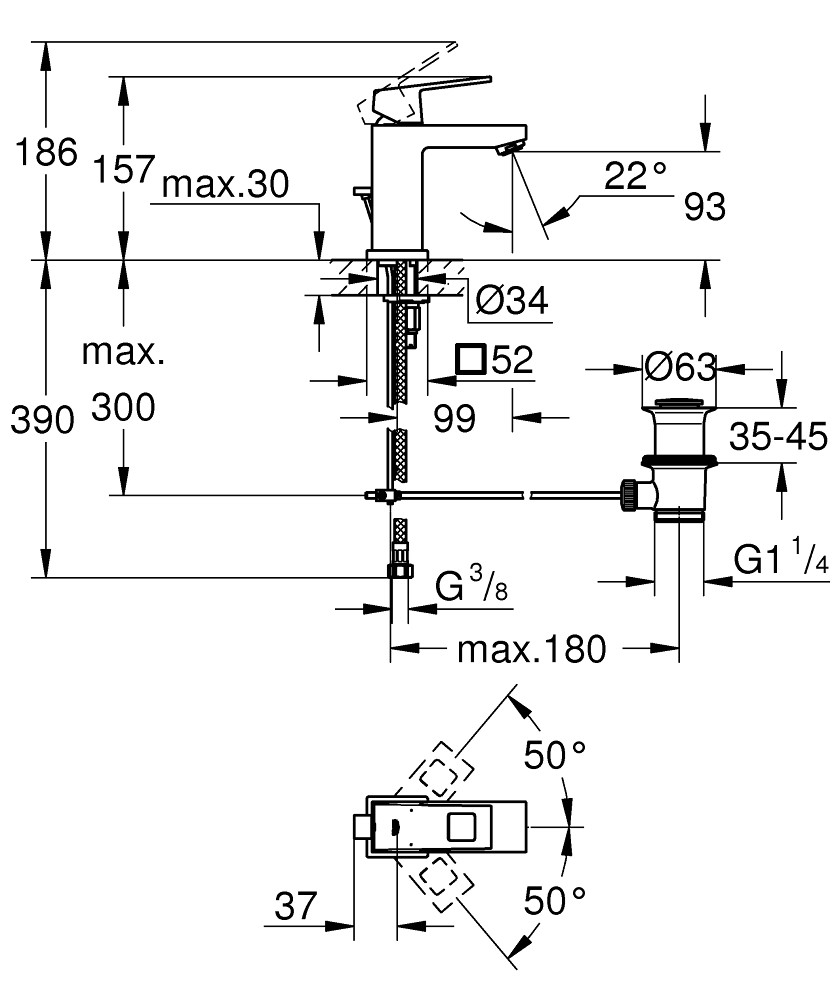 Bản Vẽ Vòi Chậu Grohe 1 Lỗ 2312700E Eurocube S-SIZE