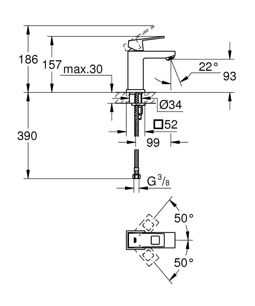 Bản Vẽ Vòi Chậu Grohe 1 Lỗ 2313200E Eurocube S-SIZE