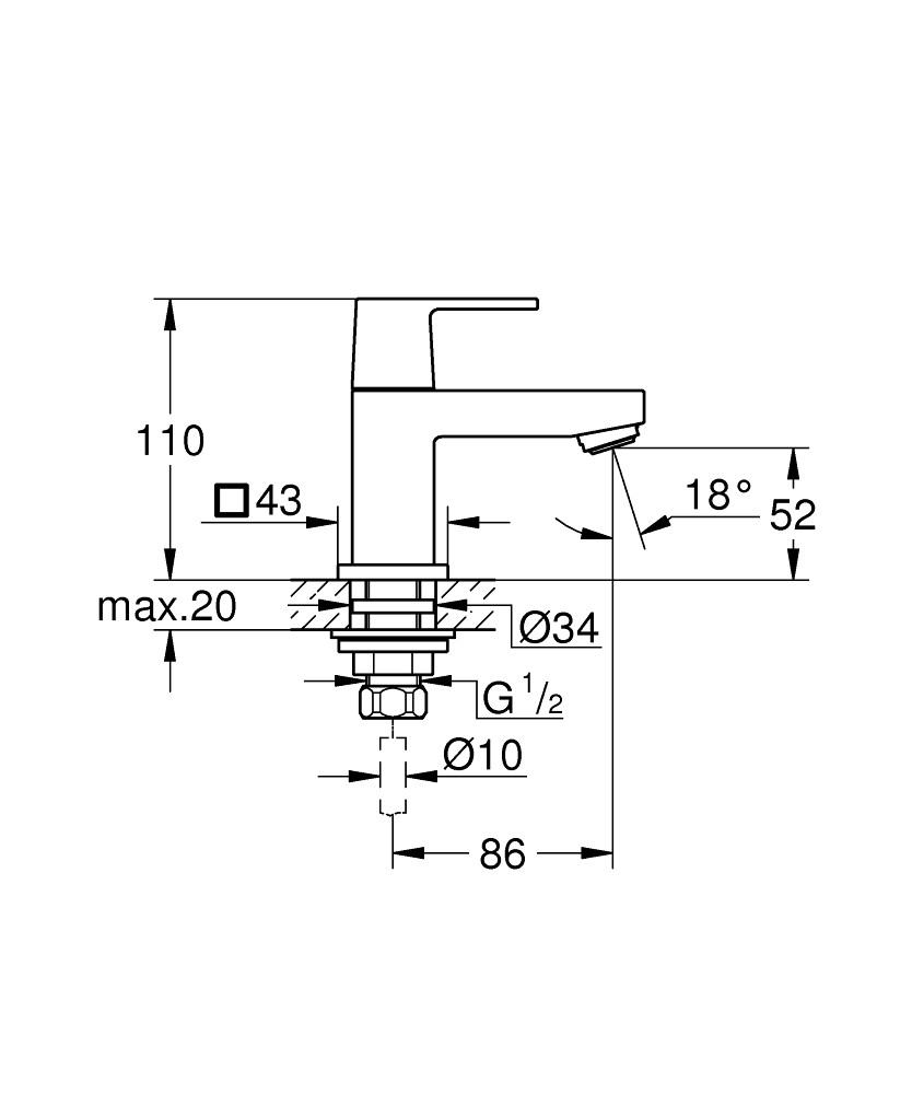 Bản Vẽ Vòi Chậu Grohe 1 Lỗ 23137000 Eurocube XS-SIZE