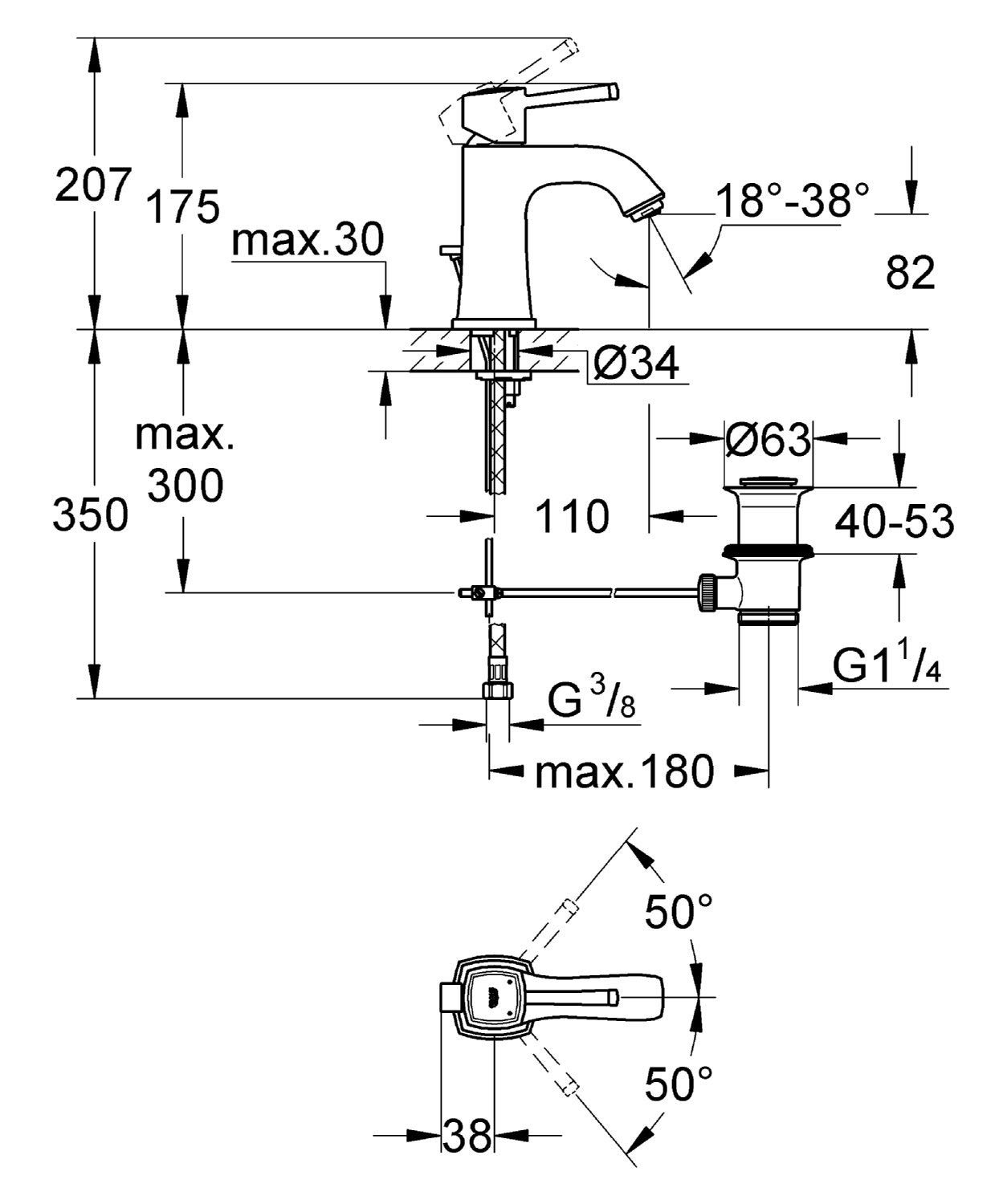 Bản Vẽ Vòi Lavabo Grohe 1 Lỗ 23303IG0 Grandera S-Size