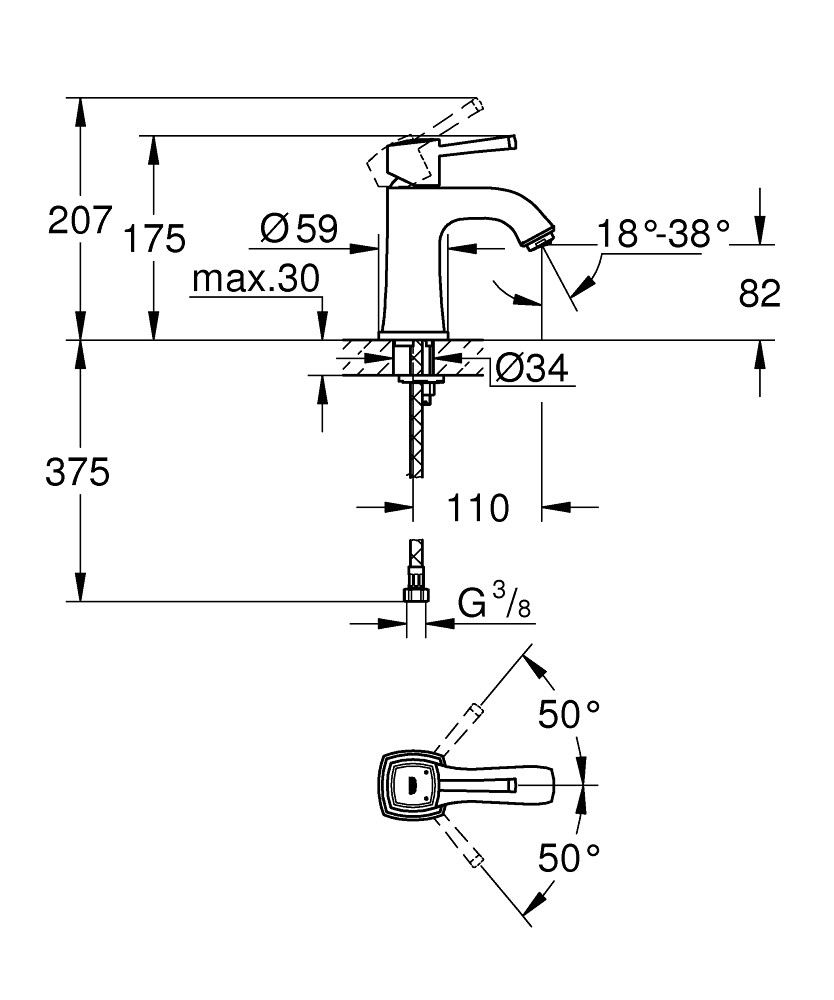 Bản Vẽ Vòi Chậu Grohe 1 Lỗ 23310000 Grandera M-SIZE