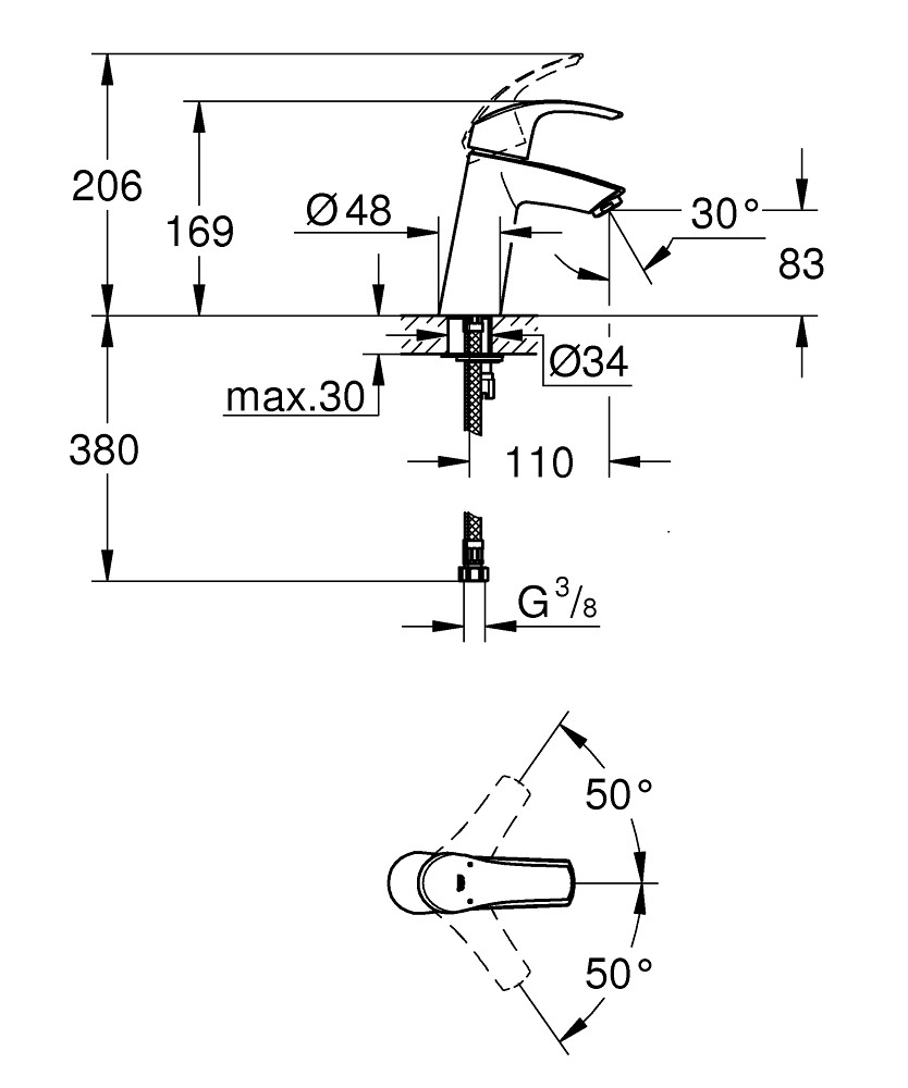 Bản Vẽ Vòi Chậu Grohe 1 Lỗ 23324001 Eurosmart M-SIZE