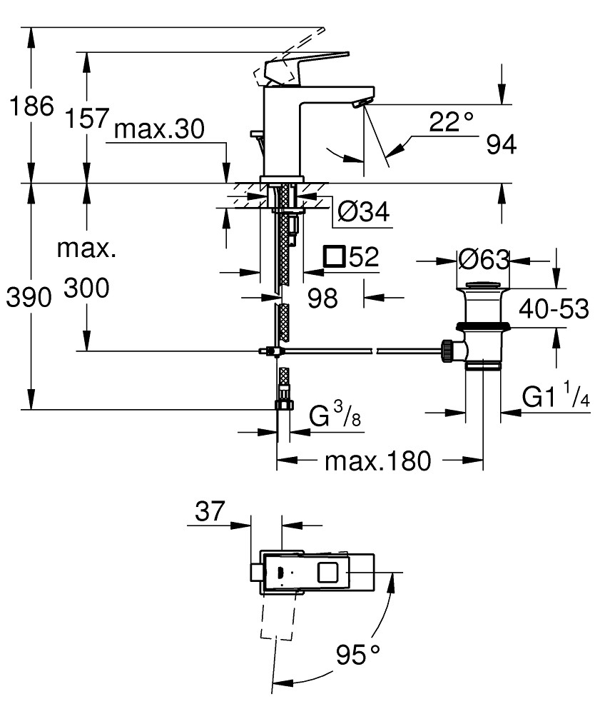 Bản Vẽ Vòi Chậu Grohe 1 Lỗ 2339000E Eurocube S-SIZE