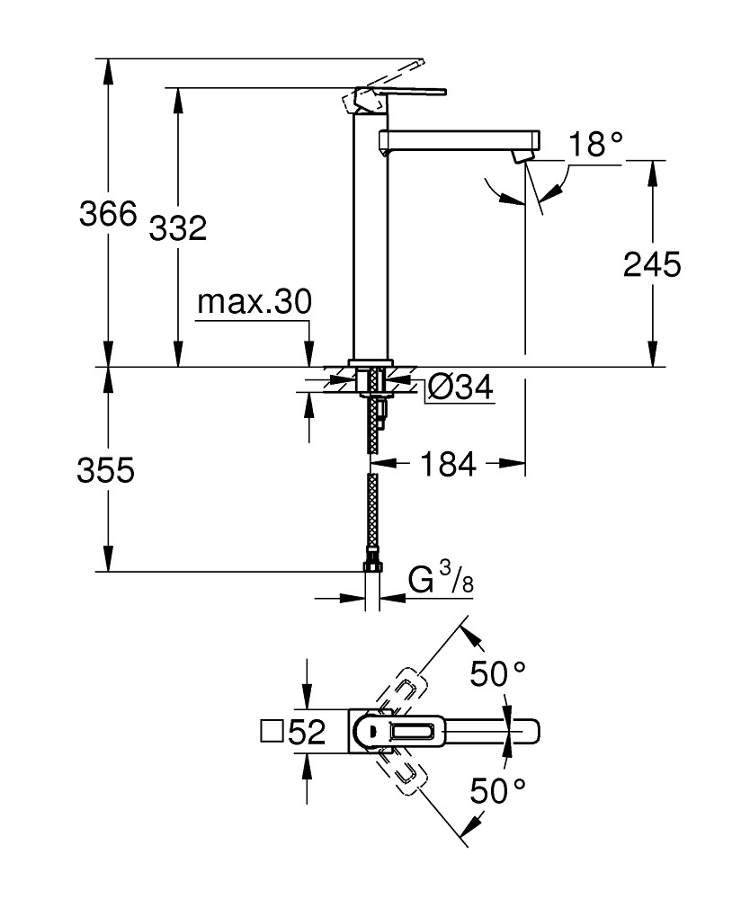 Bản Vẽ Vòi Chậu Grohe 1 Lỗ 23404000 Quadra XL-SIZE