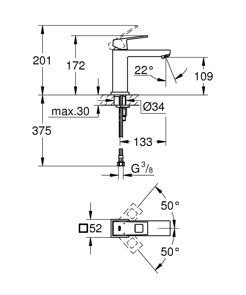 Bản Vẽ Vòi Chậu Grohe 1 Lỗ 23446000 Eurocube M-SIZE