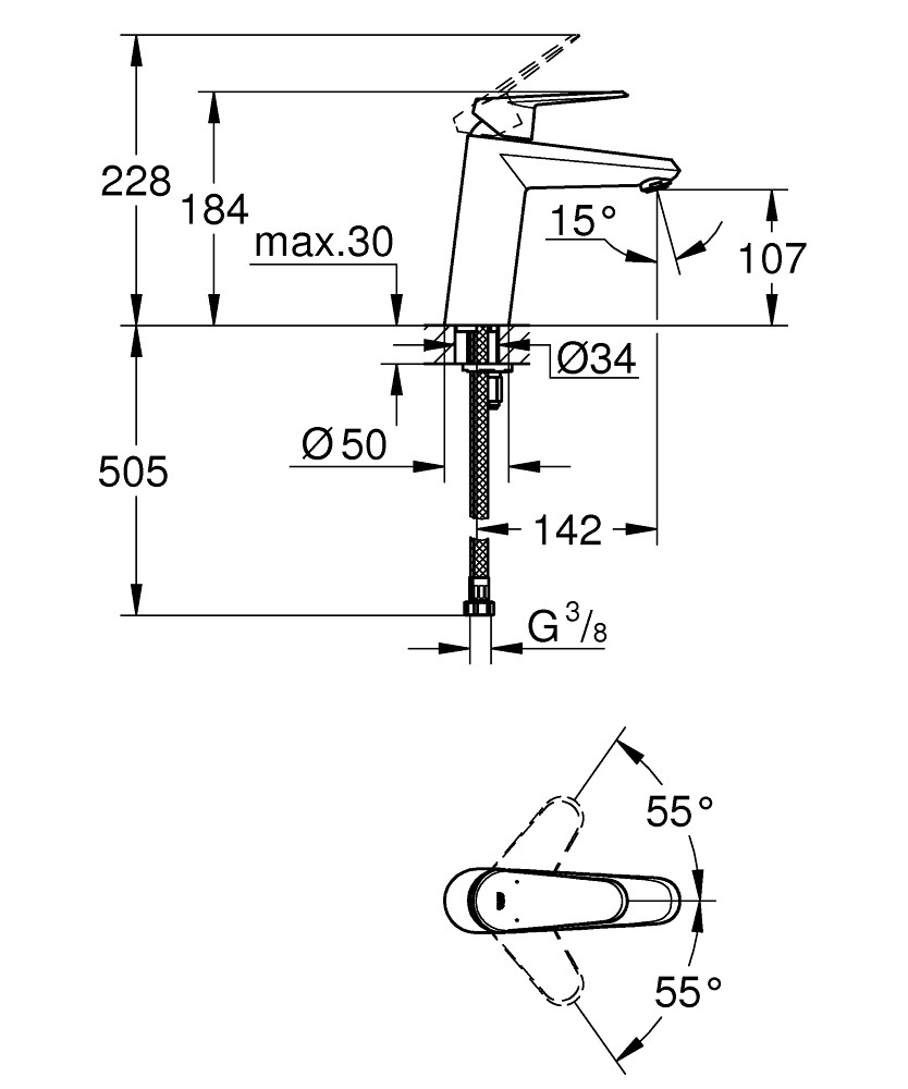 Bản Vẽ Vòi Chậu Grohe 1 Lỗ 23449002 Eurodisc Cosmopolitan M-SIZE