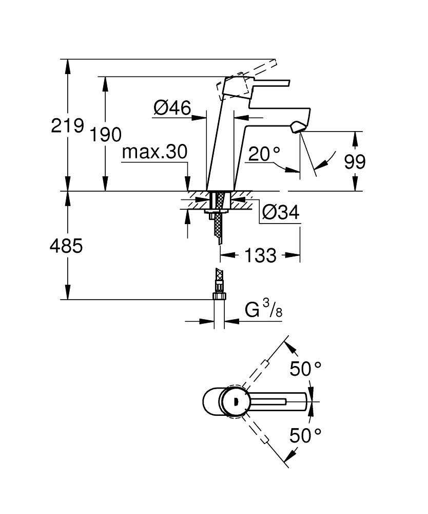 Bản Vẽ Vòi Chậu Grohe 1 Lỗ 23451001 Concetto M-SIZE