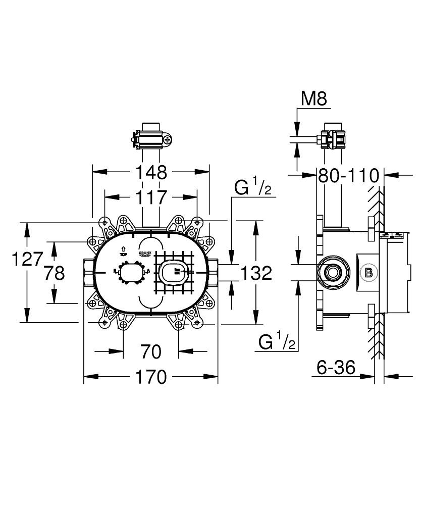 Bản Vẽ Hộp Thô Cho Bộ Sen Tắm 26 254 / 26 450 Grohe 26264001