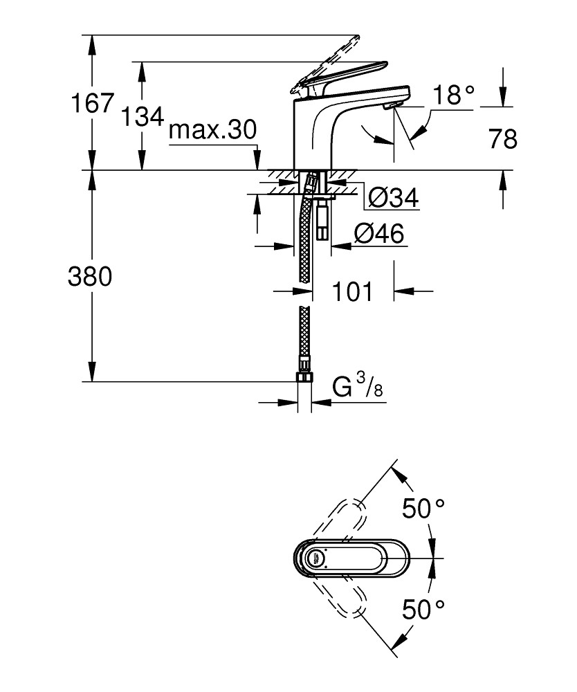 Bản Vẽ Vòi Chậu Grohe 1 Lỗ 32186000 Veris S-SIZE