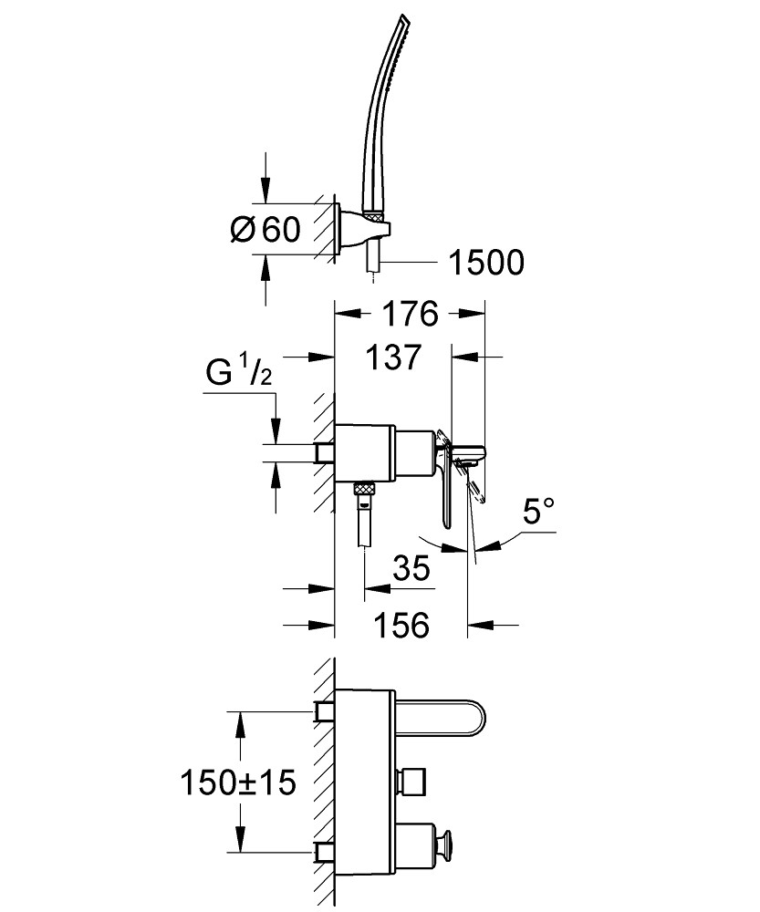 Bản Vẽ Sen Tắm Grohe 32196000 Veris, nóng lạnh