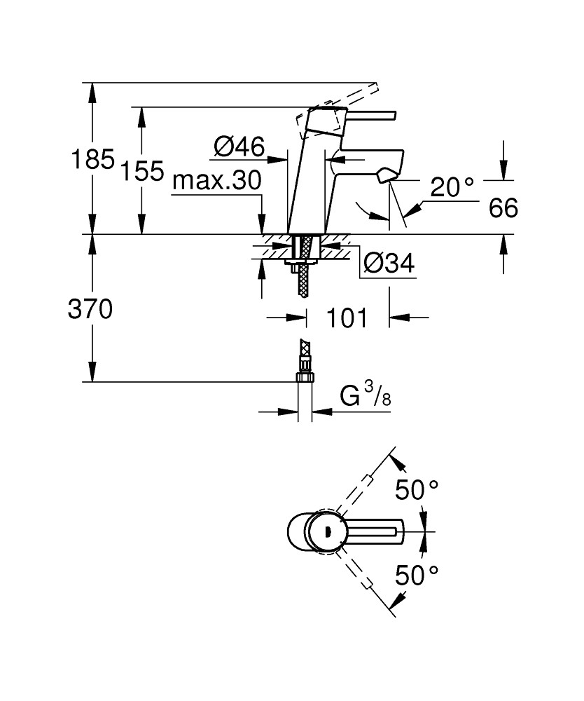 Bản Vẽ Vòi Chậu Grohe 1 Lỗ 3224010E Concetto S-SIZE