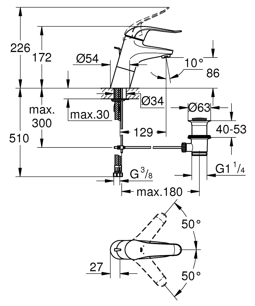 Bản Vẽ Vòi Chậu Grohe 1 Lỗ 32766000 Nóng Lạnh