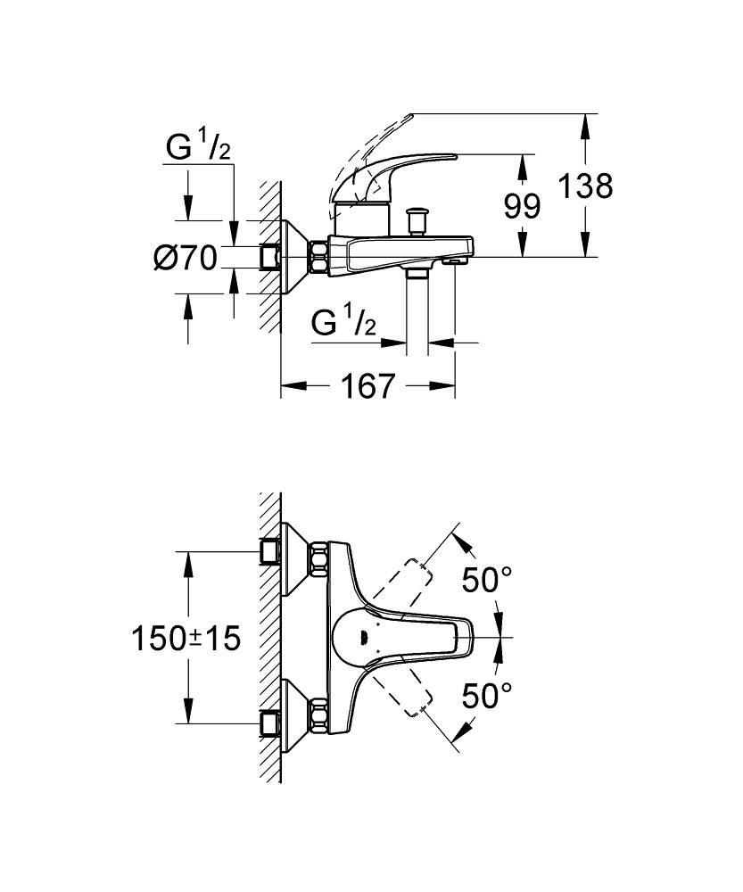 Bản Vẽ Bộ Trộn Vòi Sen/Bồn Tắm Grohe 32806000 BauCurve Nóng Lạnh