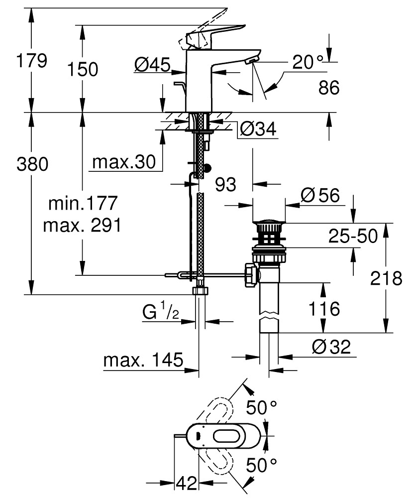 Bản Vẽ Vòi Lavabo Grohe 1 Lỗ 32814000 BauLoop S-Size