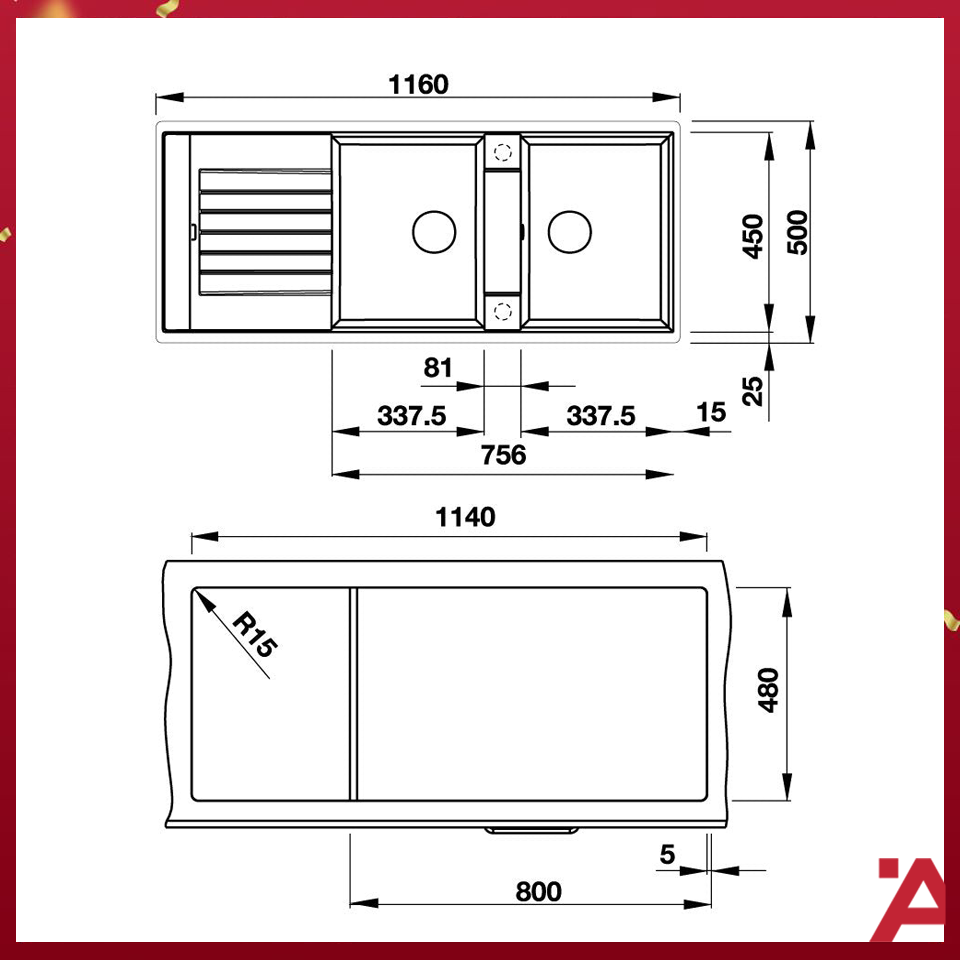 Bản Vẽ Chậu Rửa Bát Hafele 565.76.650 2 Hố