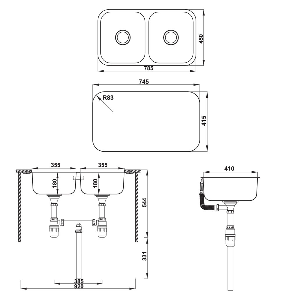 Bản Vẽ Chậu Rửa Bát Hafele  HS-SD7848 (567.20.506) 2 Hố Cân