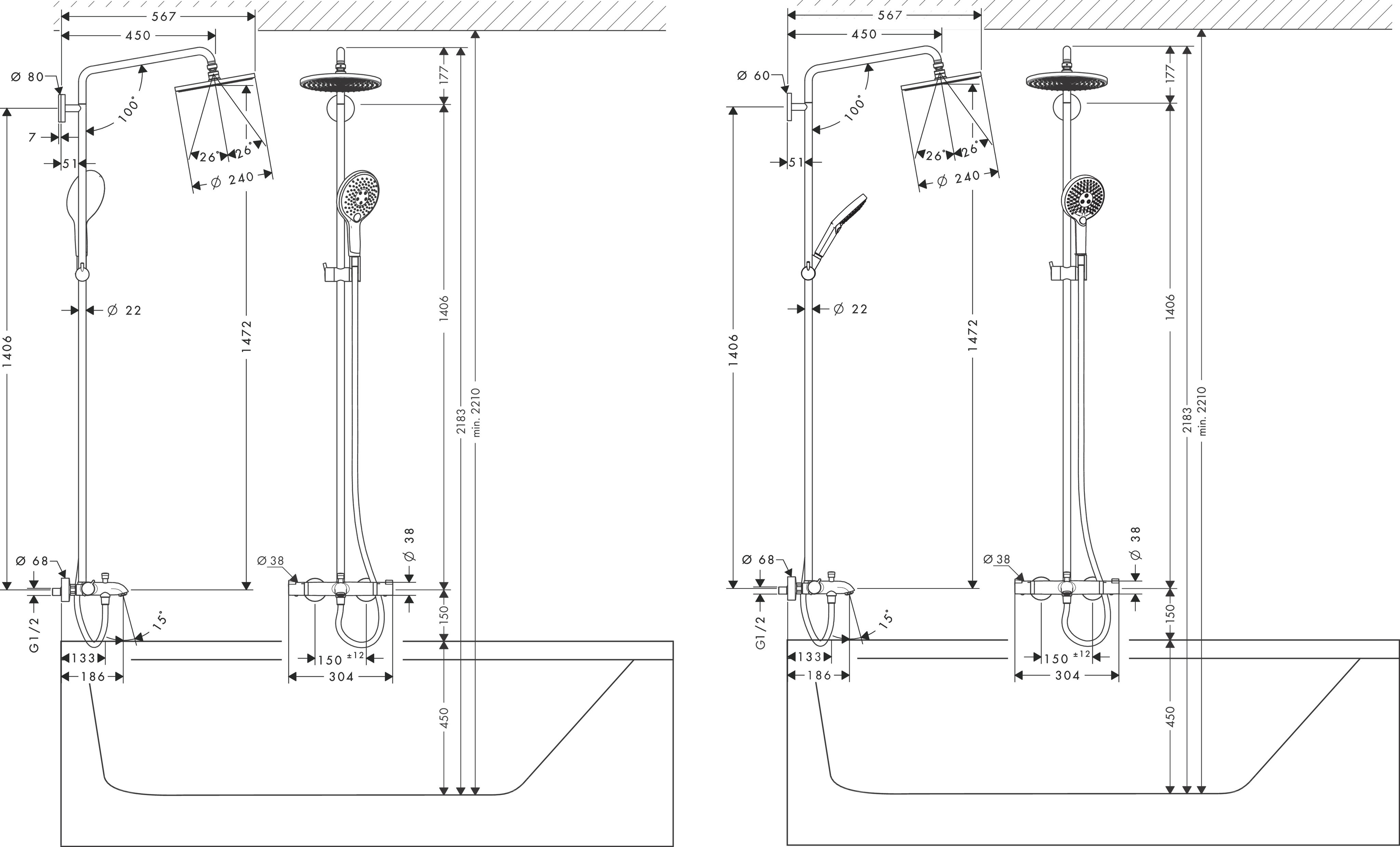 Bản Vẽ Sen Tắm Cây HansGrohe Raindance S Showerpipe 240 27117000