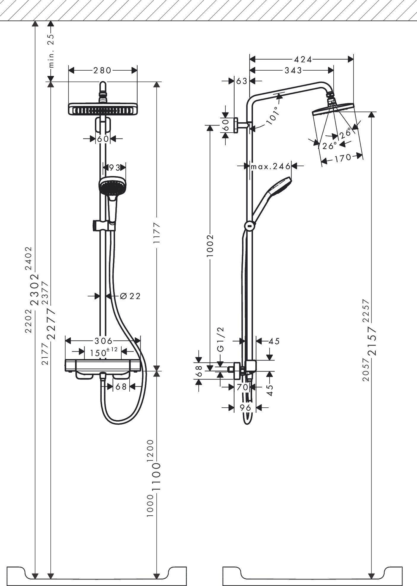 Bản Vẽ Sen Tắm Cây Hansgrohe Croma E Showerpipe 280 27630000