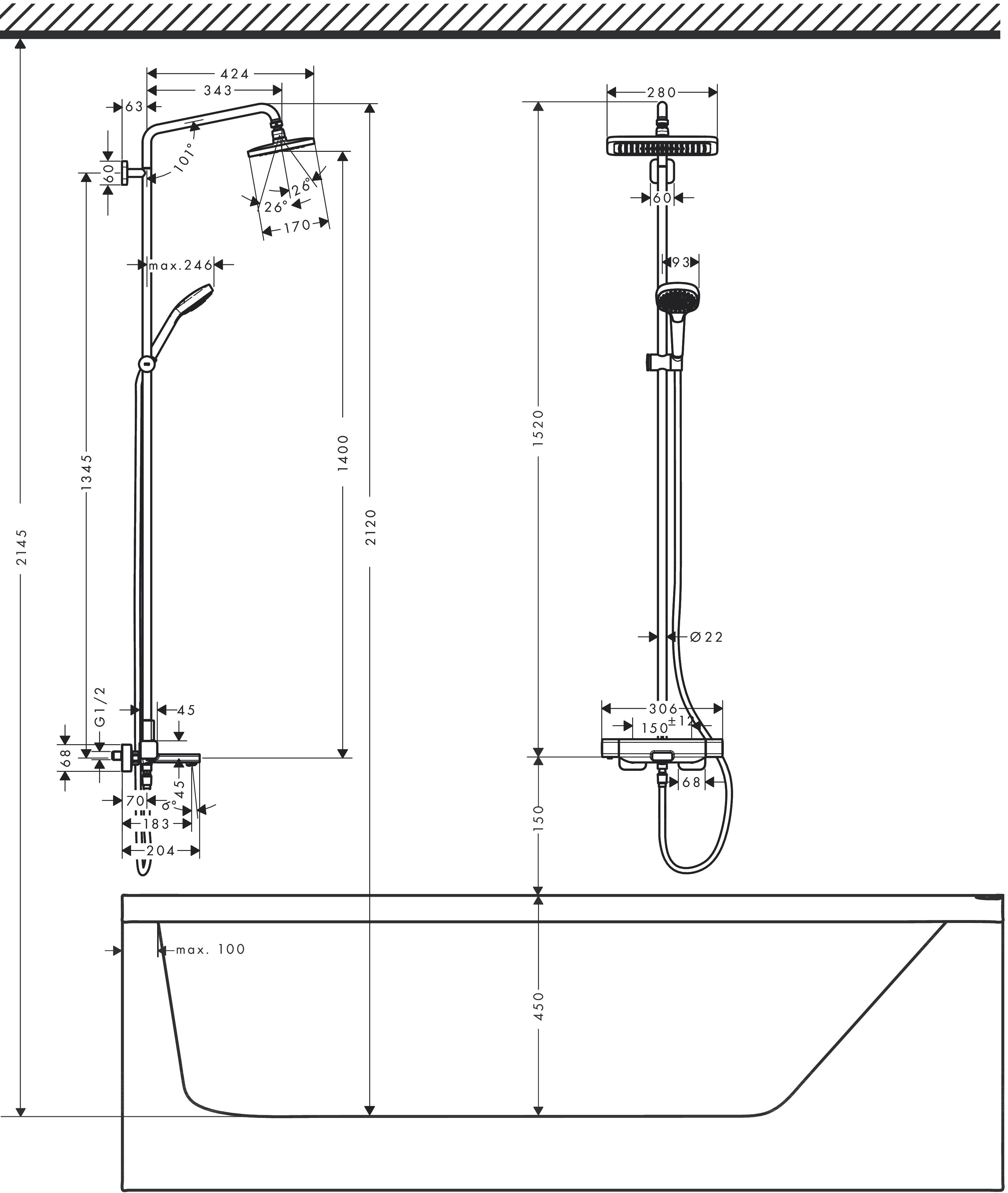 Bản Vẽ Sen Tắm Cây Hansgrohe Croma E Showerpipe 280 27687000