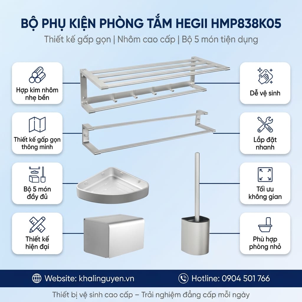 Thông tin bộ phụ kiện phòng tắm HEGII HMP838K05