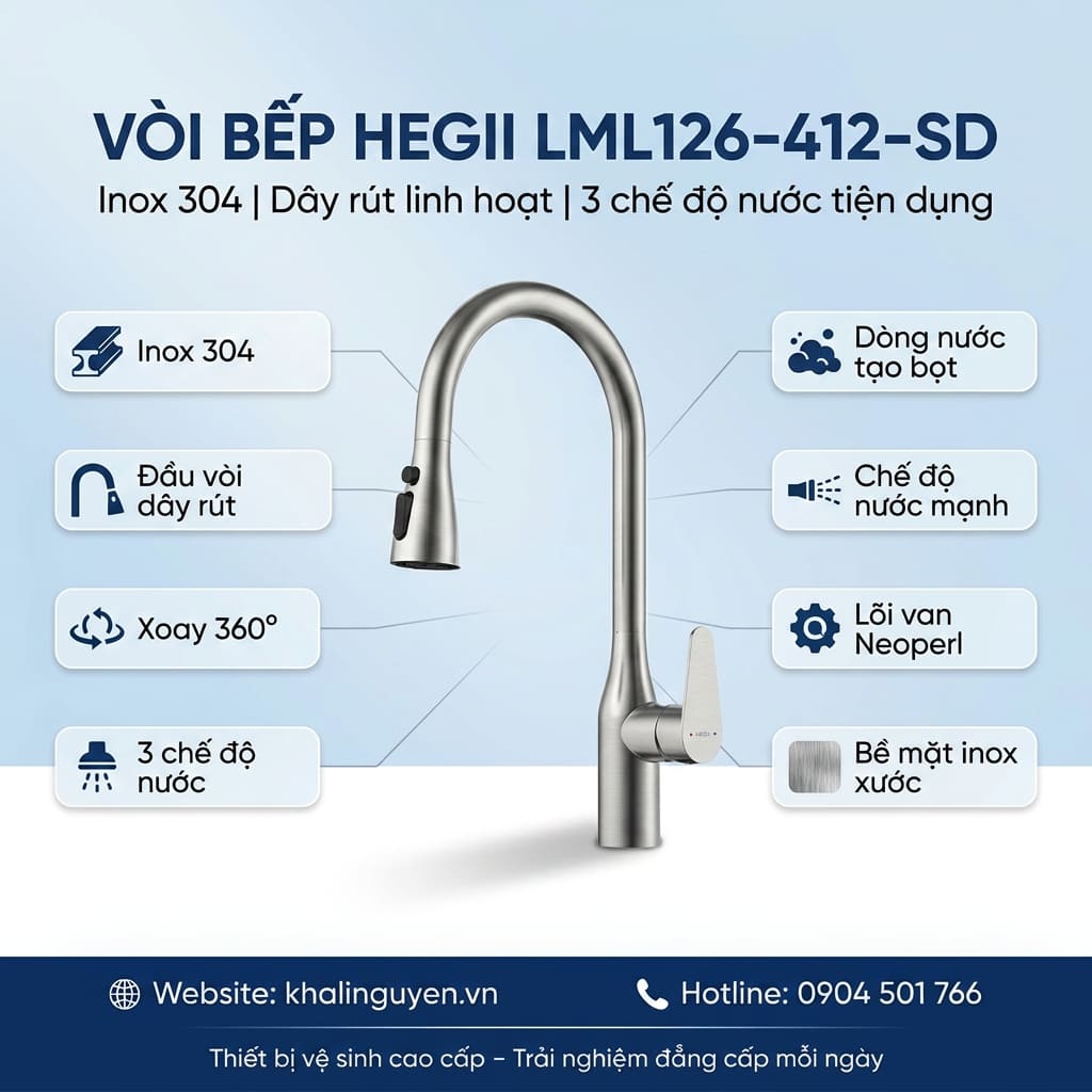 Thông tin vòi rửa bát dây rút HEGII LML126-412-SD