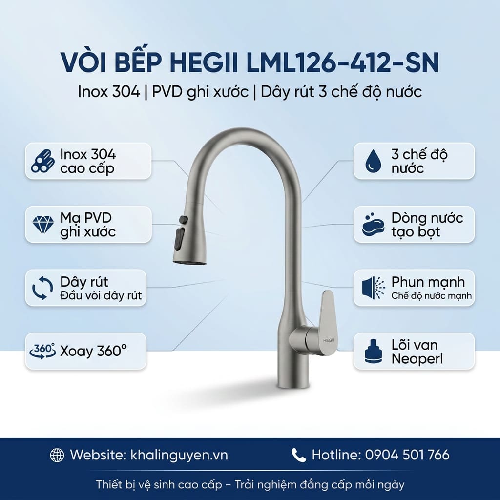 Thông tin vòi rửa bát dây rút HEGII LML126-412-SN